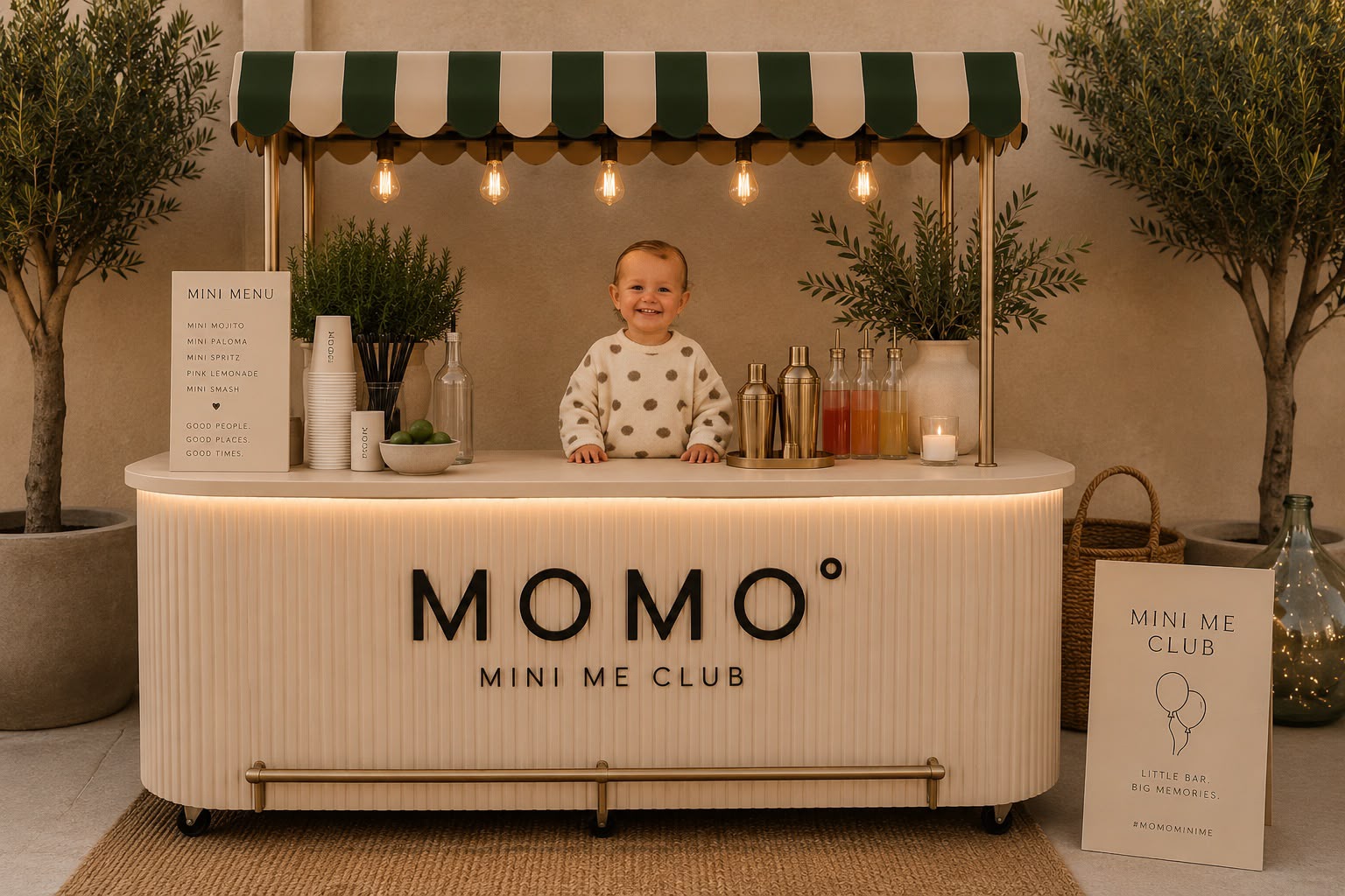 MOMO Mini Me bar with smiling toddler behind the counter