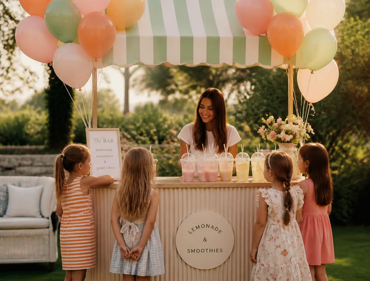 Mini Me bar with balloons, lemonade and smoothies at a kids party